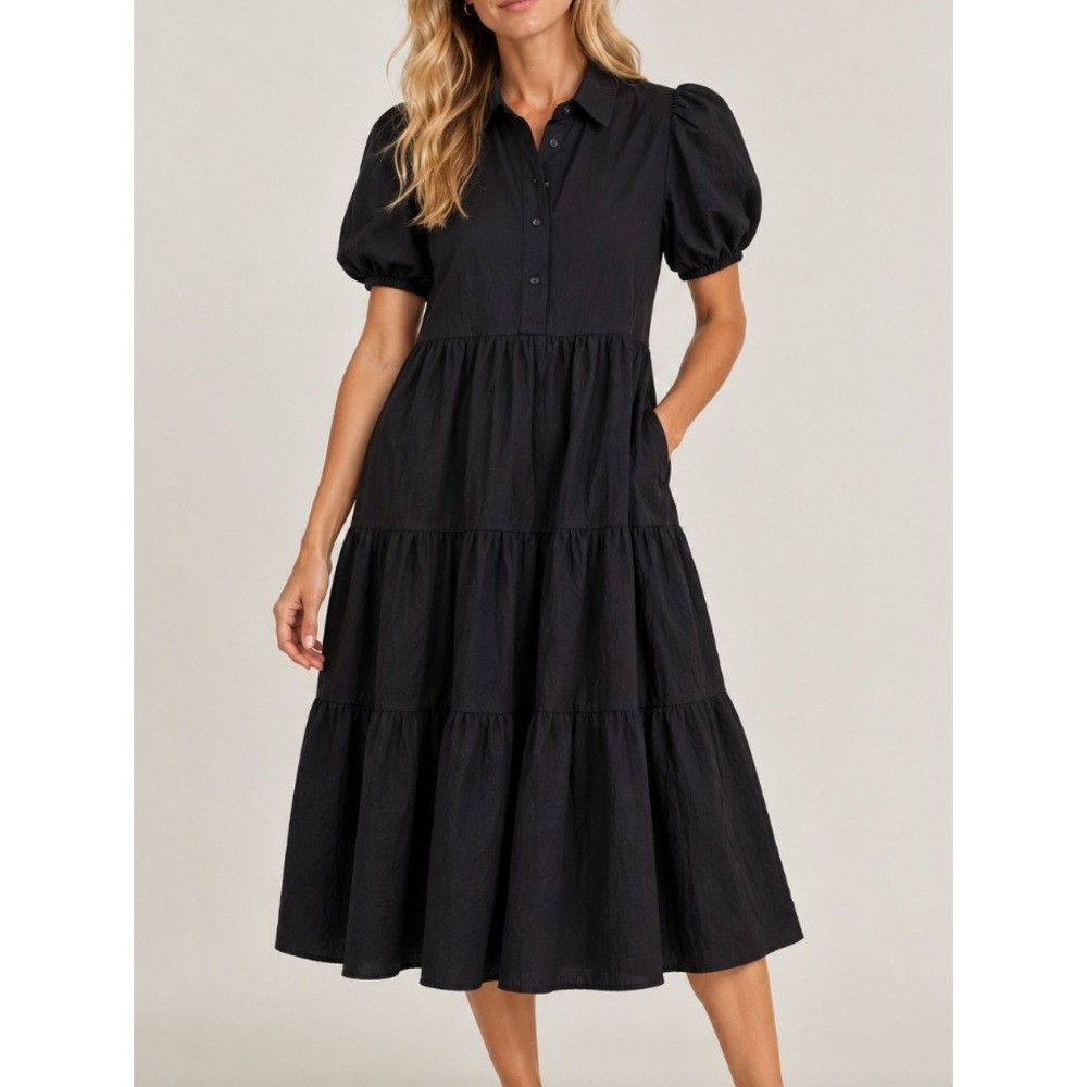 NEW Banana Republic Petite XS Black Linen Cotton Tiered Puff Sleeve Midi Dress